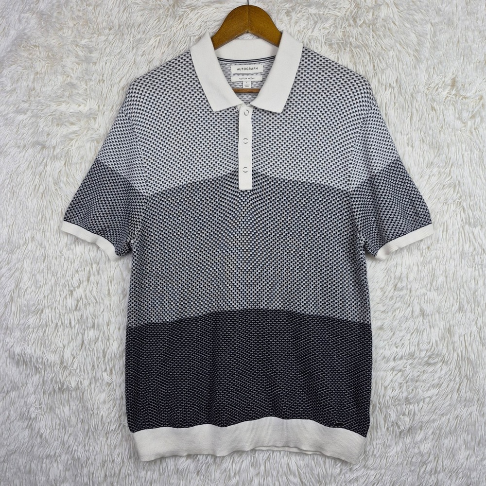 Autograph Marks and Spencer Mens Large Cotton Modal Knit Polo Shirt Navy Ombre